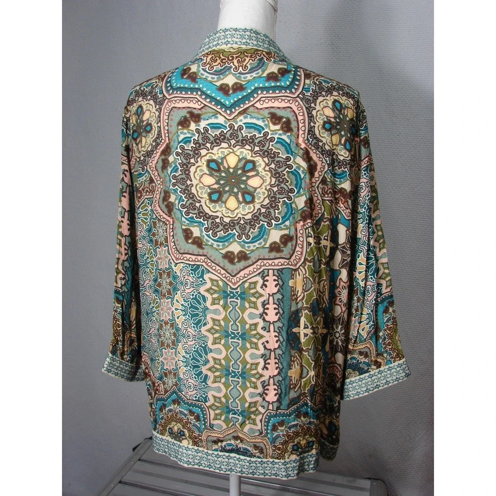 John Mark Floral Embroidered Trim Open Front Kimono Jacket Topper Teal Brown M